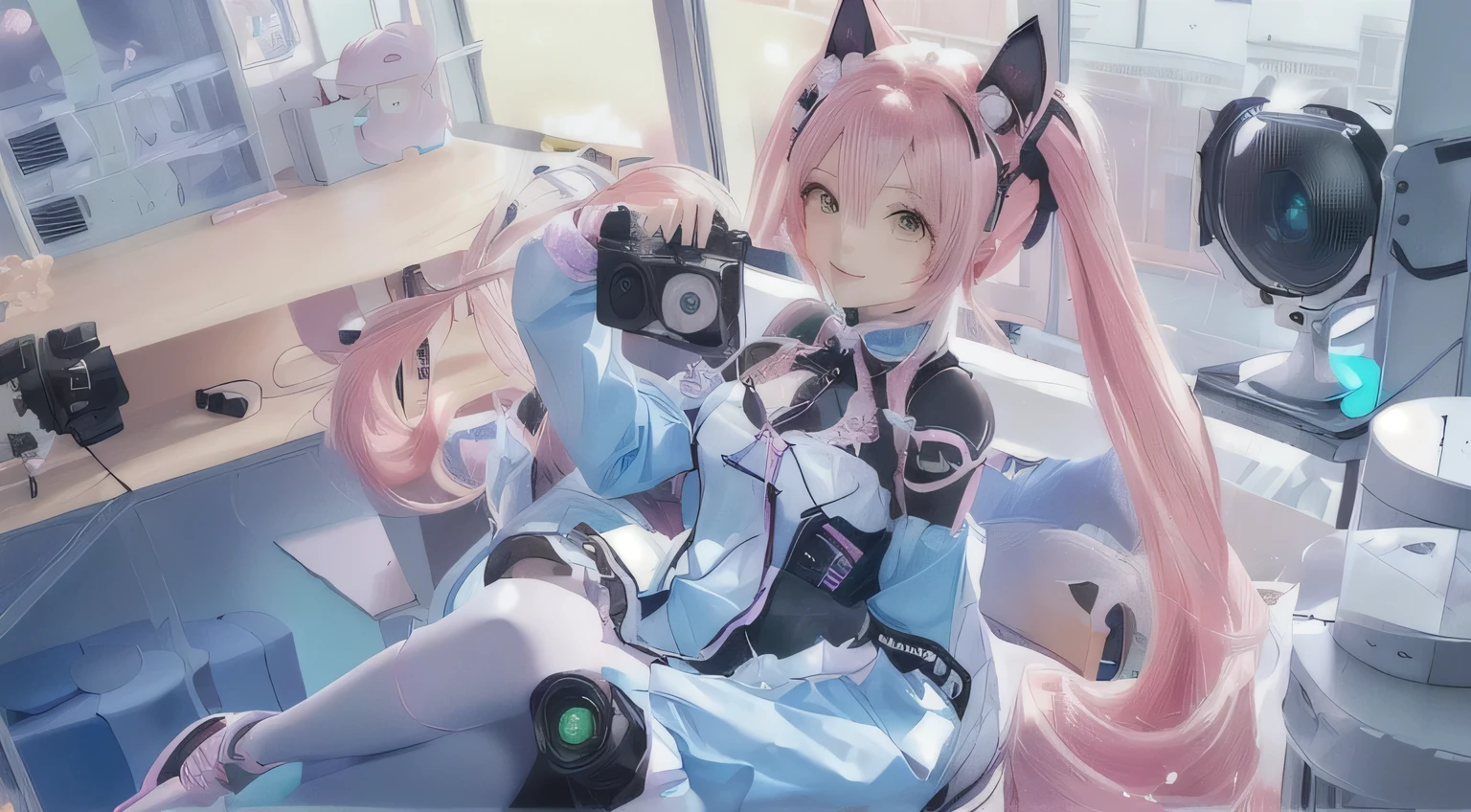 anime characters in a room with a clock and a camera, pink twintail hair and cyan eyes, fully robotic!! catgirl, cute anime catgirl, best anime 4k konachan wallpaper, anime catgirl, cat girl, very beautiful anime cat girl, twintails, splash art anime , zerochan art, pixiv