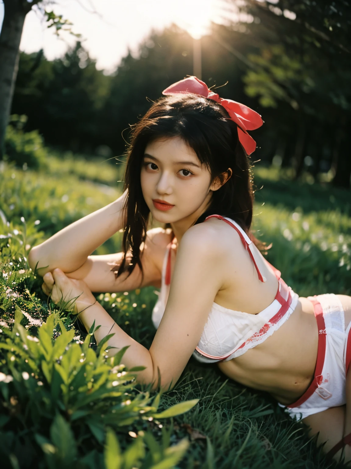 a hyper-realistic portrait of a young woman, TOPLESS BUT WEARING NIPPLE PAD, SEXY POSE, DEEP CLEAVAGE, half asleep, under a tree, inside a forest, in the middle of nature, 22 years old, realistic, (lying on her side), IN SUNSET TIME, she is wearing a red panties, (wearing a garter belt and black pantyhose), sexy, (MEDIUM BREAST), torn, (all torn), short brown hair, (hair tied with bows), SLIM BODY,