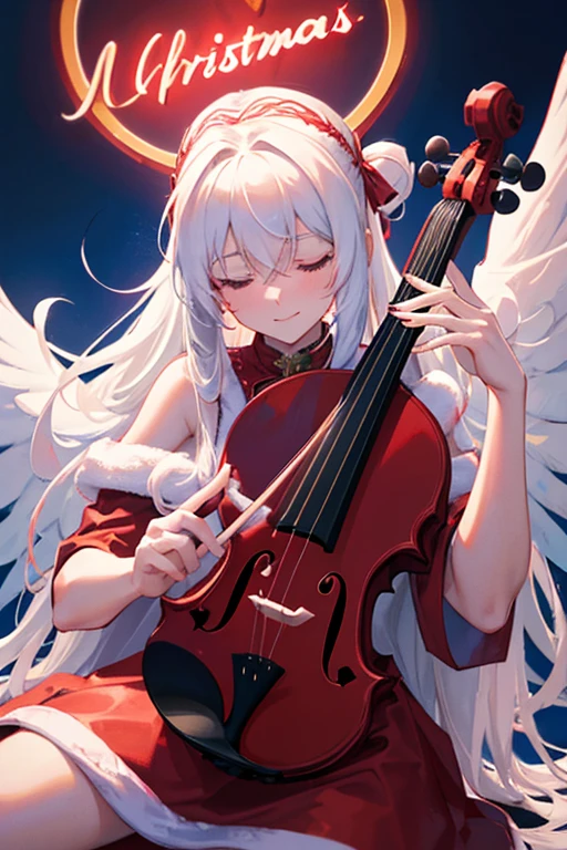 with long white hair, Wearing a Christmas style red costume, Happy, Playing the violin, close your eyes, slim, Harmless, Six big black angel wings, Sitting pose, Bad guy,Shining clothing quality, Severe,Neon pink and blue lights, Neon Style