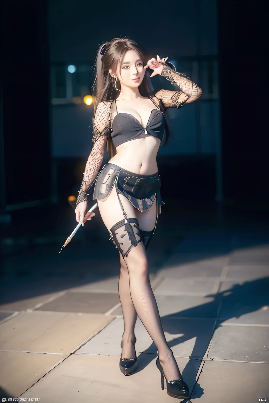 An innocent 20-year-old girl, (Pasties and Pencil Skirt with Fishnet Stockings:1.5), (high heels), (Dramatic Pose),smile, (High Ponytail),natural Park、RAW Photos, (8k, highest quality, masterpiece:1.2), (Intricate details:1.4)、(Photorealistic:1.4), Octane Rendering, Complex 3D rendering with ultra-detail, Studio Soft Light, Rim Light, Vivid details, Super Detail, Realistic skin texture, Detailed aspect, Beautiful details in the eyes, Highly detailed CG Unity 16k wallpaper, compensate, (Detailed Background:1.2), Glowing Skin, whole body, ((thin legs)), small waist, Cleavage, (looking at viewer:1.2)