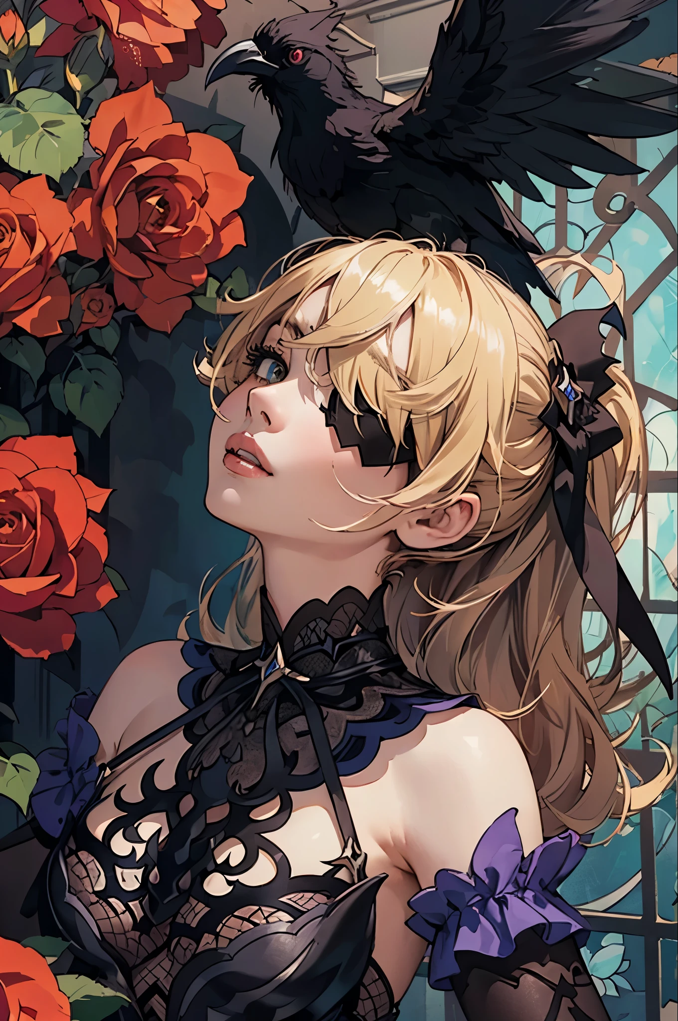 1woman, flowy blond hair ponytails, gothic, rose eyepatch in one eye, black lace gothic ****ta dress, dried flowers, stained glass, official art, unity 8k wallpaper, ultra detailed, beautiful and aesthetic, beautiful, masterpiece, best quality, (zentangle, mandala, tangle, entangle), (ecstasy of flower:1.2) dynamic angle, the most beautiful form of chaos, elegant, a brutalist designed, vivid colours, romanticism, atmospheric, extremely delicate and beautiful, Amazing, finely detail, masterpiece, ultra-detailed, highres,best illustration, best shadow,intricate,sharp focus, high quality,dark gothic princess, black raven