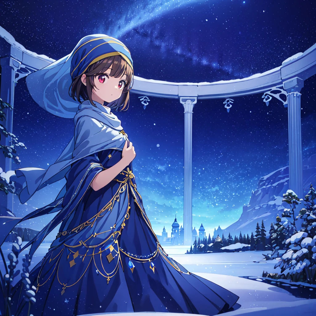 (woman): alone, (Perfect Face), (Attention to detail in the costumes), (12 years old), Traveler, (very pretty), Curious, Observation Expression, (Outstretched arms), Brown Hair, Bobcut, Side Ponytail, Red eyes, White skin, Medium Bust, (Arabic Dresses), (Head scarf), (Veil) ( background): Front view, Tundra, Frozen Plains, Snow covered trees々, Frozen Lake, Aurora, night, transparent (effect): (masterpiece), (highest quality), (Sharp focus), (Depth of written boundary), (High resolution), Artistic realistic illustration, ファンタジーeffect, vapor, Seven-color fluorescent particles