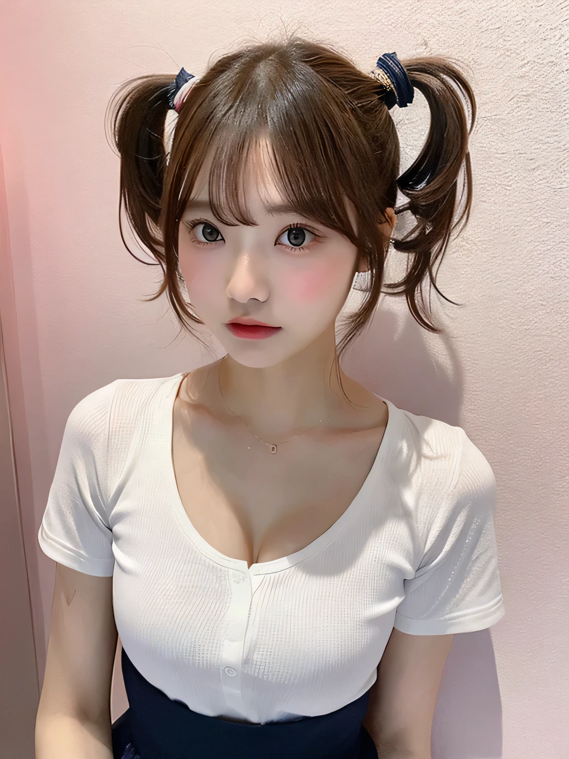 one person、whole body photos、White shirt、Cleavage、Navy blue mini skirt、fun、、whole body、slender、woman、White drool coming out of the mouth、Short hair, fair skin,Twin tails、Super cute、Soft and Face、Brown Hair、8k resolution、Surreal、Ultra high definition、 Soft Body、A-cup small breasts((Highest resolution、8k、masterpiece:1.3))、Ultra-fine face、Ultra Fine Lips、Beautiful Eyes、double eyelid,Slender figure、I can see your thighs、Shapely small breasts、Pink wall
