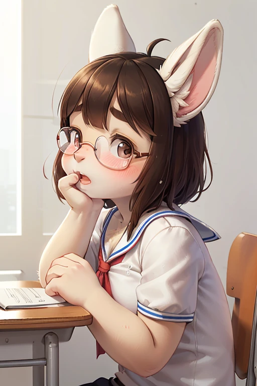 left side view , focus face , hairy bunny Short stature girl , (realistic hairy bunny fur:1.2) , round Mumps face , (tilt face:1.2) , half-open eyes , Unsophisticated loose geek , round eyes , Swollen cheeks , shy , glossy lips , eyewear , in the school , Class is in progress , school sailor , sit on chair , Look down , (Put Palm over mouth)