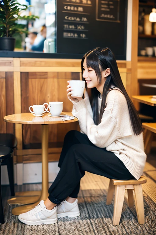 a japanese beautiful girl, 15 years old, , 8k, super detail, best quality, (photorealistic:1.4), Drinking coffee at a coffee shop, (full body:1.5), first-person view