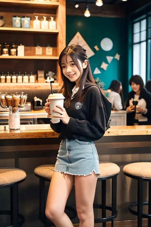 a japanese beautiful girl, , , 8k, super detail, best quality, (photorealistic:1.4), Drinking coffee at a coffee shop, (full body:1.5), first-person view