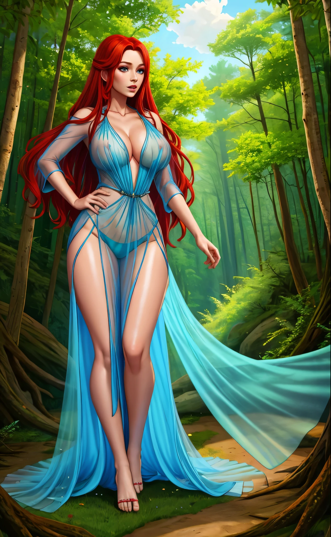 gorgeous red haired druid, sky blue see through dress, leg-slit, deep v-neck, deep forest