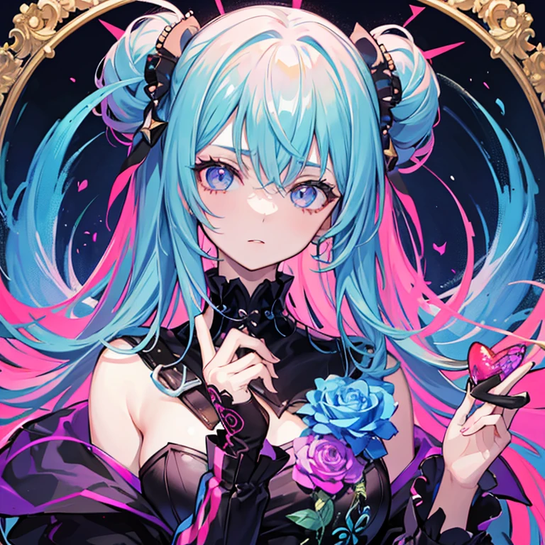 (Masterpiece, Best Quality), 8k,(((highly detailed))), lace:1.8,Super intricate lace pattern,colorful lace pattern,stained glass background, kaleidoscope,light-up,Gothic, 1 woman,(wave hair,neon hair),
