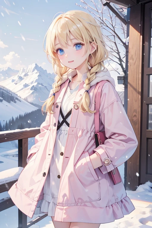 masterpiece, highest quality, High resolution, One -yeld giblue eyes、
Blonde、Braid、Pink Coat、Snow Mountain、Snowstorm、walk