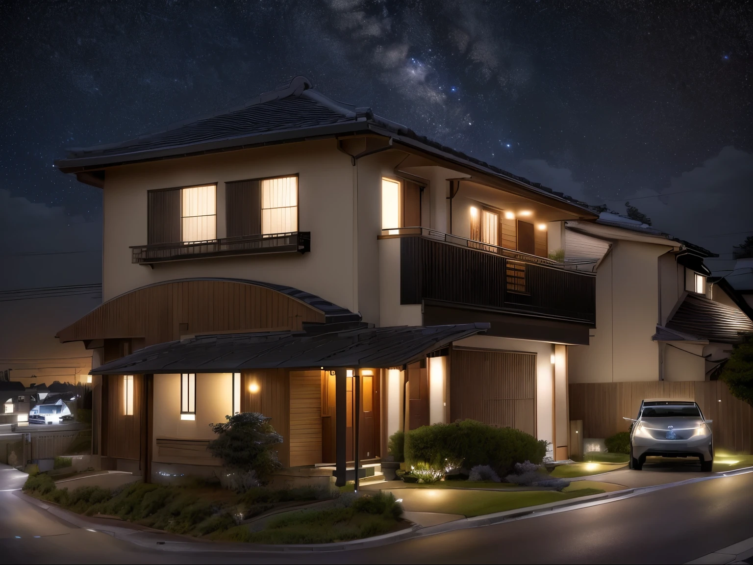 at night、The starry sky is beautiful、Car in front of house on street(Toyota Prius)is parked, Japanese House, Residential Street, surface side, Image Center, A house, Front view, exterior, Complete House, The whole house is lit up、