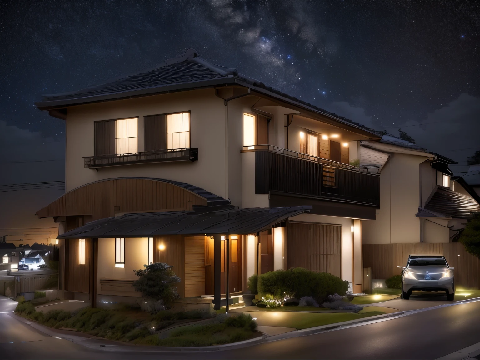 at night、The starry sky is beautiful、Car in front of house on street(Toyota Prius)is parked, Japanese House, Residential Street, surface side, Image Center, A house, Front view, exterior, Complete House, The whole house is lit up、