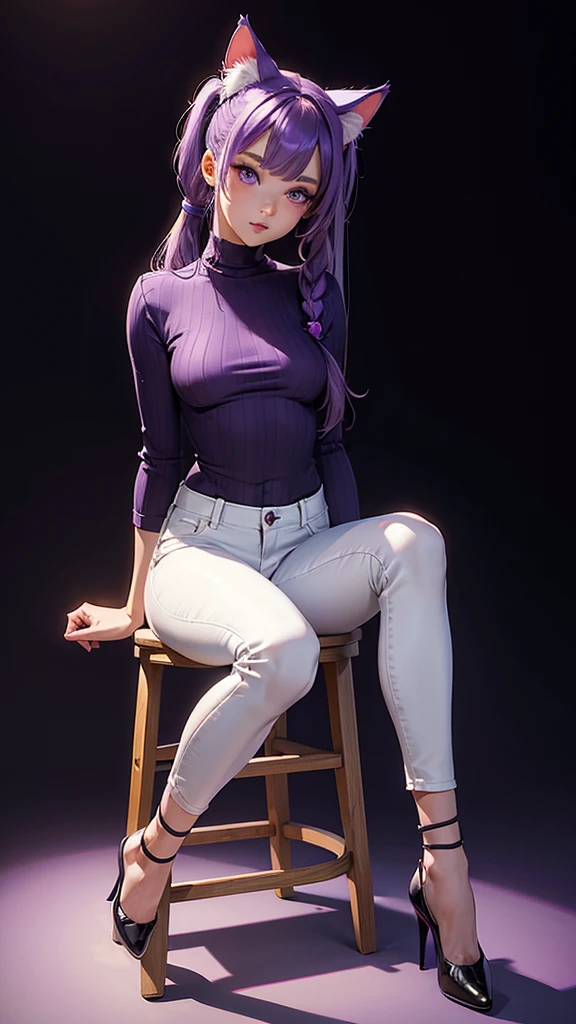 (high resolution, full body, soft skin:1.2),(best illustration,masterpiece:1.2),ultra-detailed,[(purple eyes, purple makeup cat ears , purple inside:1.2, twin tail),vivid colors,sharp focus,portrait,studio lighting,bokeh, wearing a white turtleneck shirt, black denim pants, spotlight background, sitting on a barstool