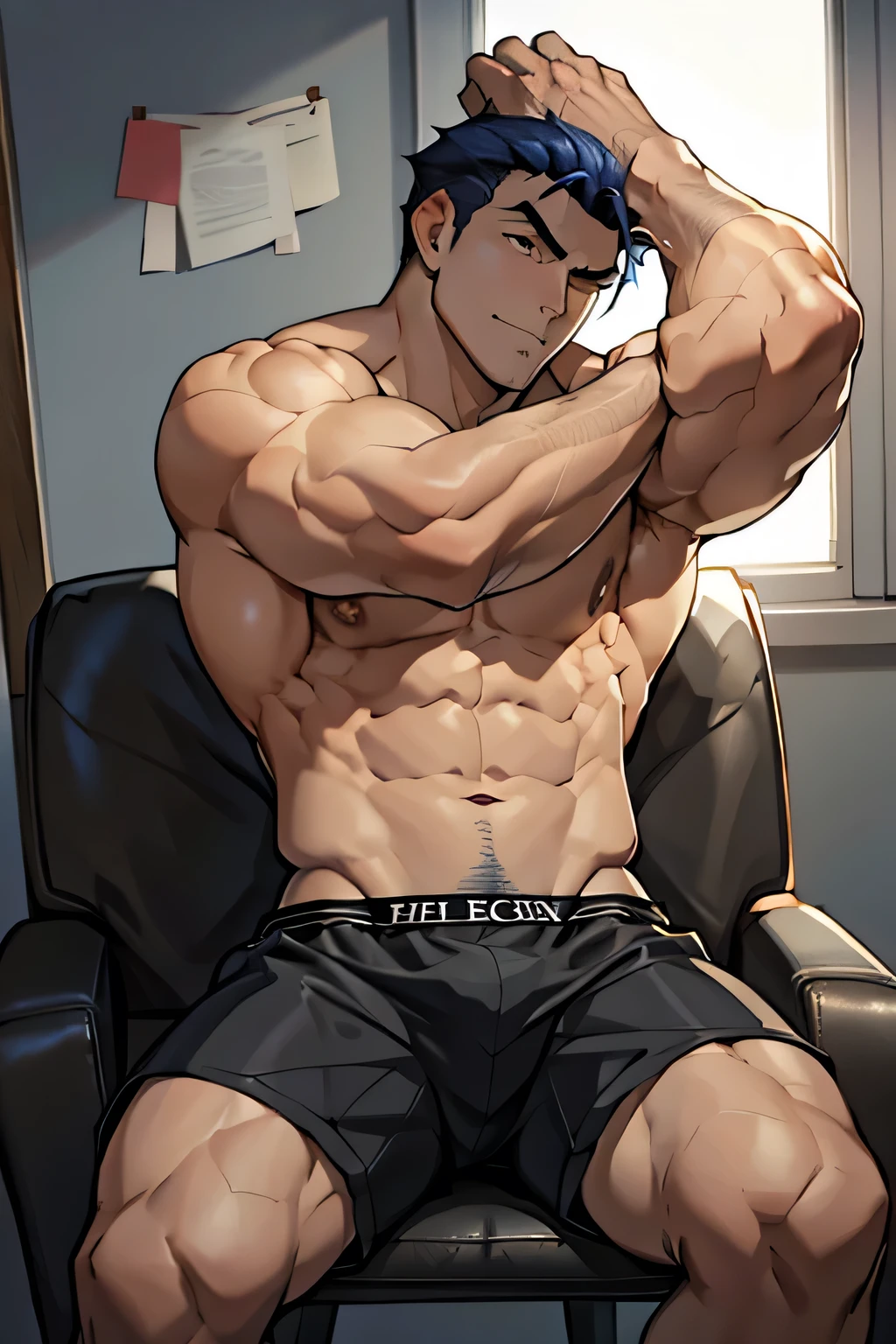 Hector is sitting and flexing his thighs in black boxershorts.