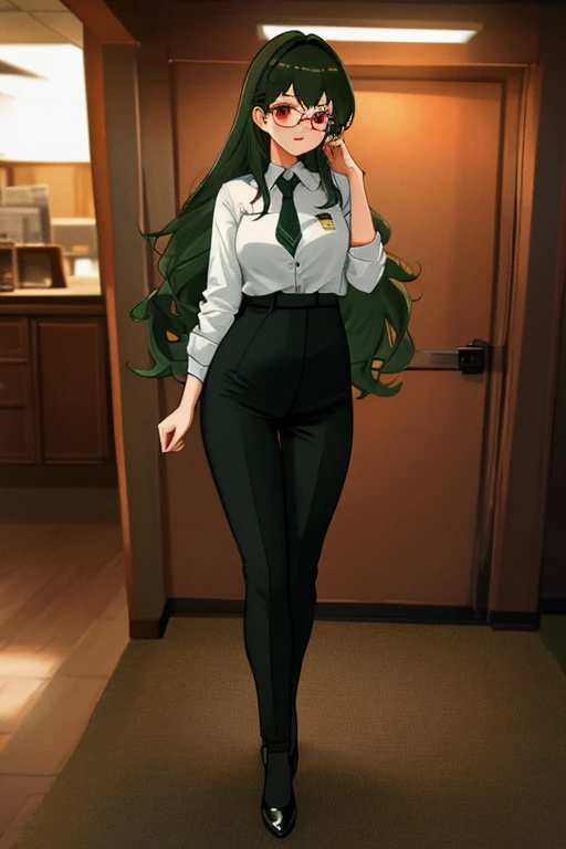 masterpiece, best quality, ultra-detailed,beautiful detailed, {{{{extremely detailed CG}}}},{8k_wallpaper}, 1 female, solo, 25 year old female,full body,office casual,flat chest,Long Hair, Dark Green Hair, glasses, red eyes,Shy, timid, ashamed, extra shy , wide hips,