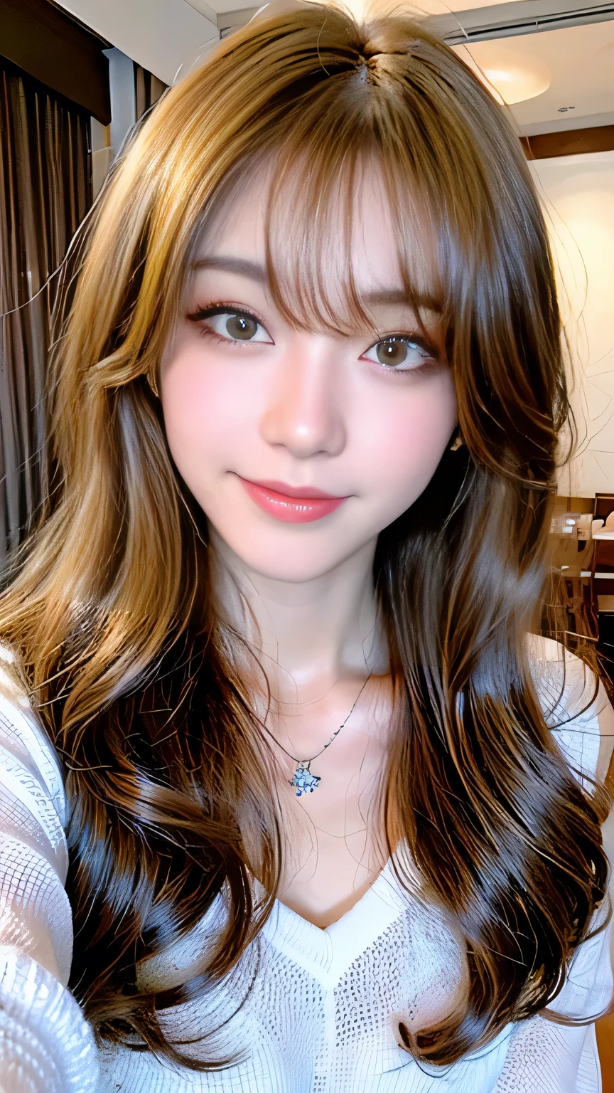 Full Body Angle、((highest quality, 8K, masterpiece: 1.3)), concentrated: 1.2, Cute girl 1,Nipples erect、 Perfect beauty: 1.4,Crisscross V-neck T-shirt, Casual summer short sleeve t-shirt: 1.2,Long sleeve、Randall Color、comics＆Text Graphics、Black ruffle-trimmed drawstring zip blouse,1.1, Highly detailed face and skin textures, Fine grain, double eyelid, whitening skin, ,highest quality,Ultra-high resolution,you,1 girl,alone,_Shiny_skin,Iris,necklace,((Brown_length_Wavy_hair)),(lips)),eyelash,Front hair,deal with,compensate,Shiny,pore,skin texture,Large Breasts、smiling face、