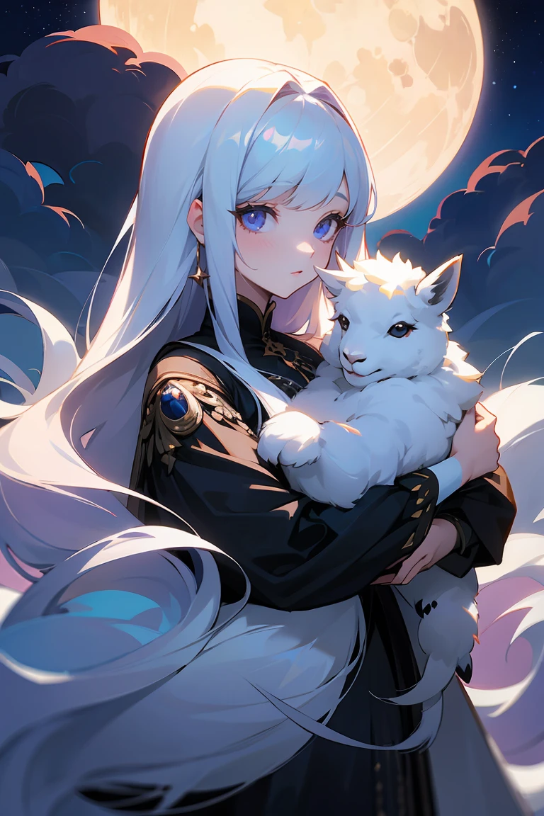 Concept: Luna, a woman holding a baby llama, detailed, long hair, portrait, looking_at_viewer, porcelain skin, bright moon, bright stars