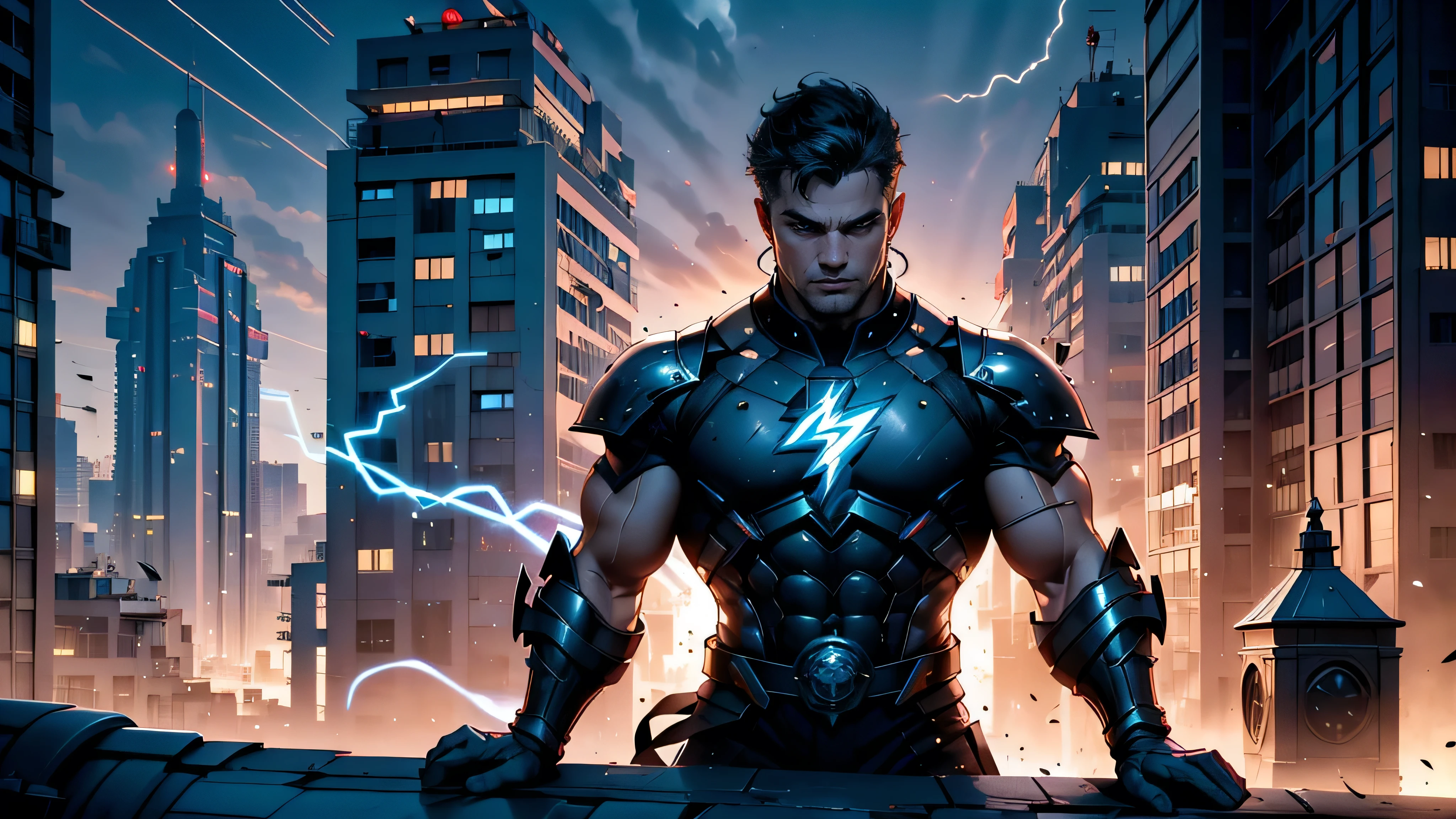 Homem, 40 anos, forte, hero with lightning power, on the roof of a tall building, observando a cidade noturna futurista, ambiente futurista, High definition, detalhes precisos, paleta de cor avermelhada.