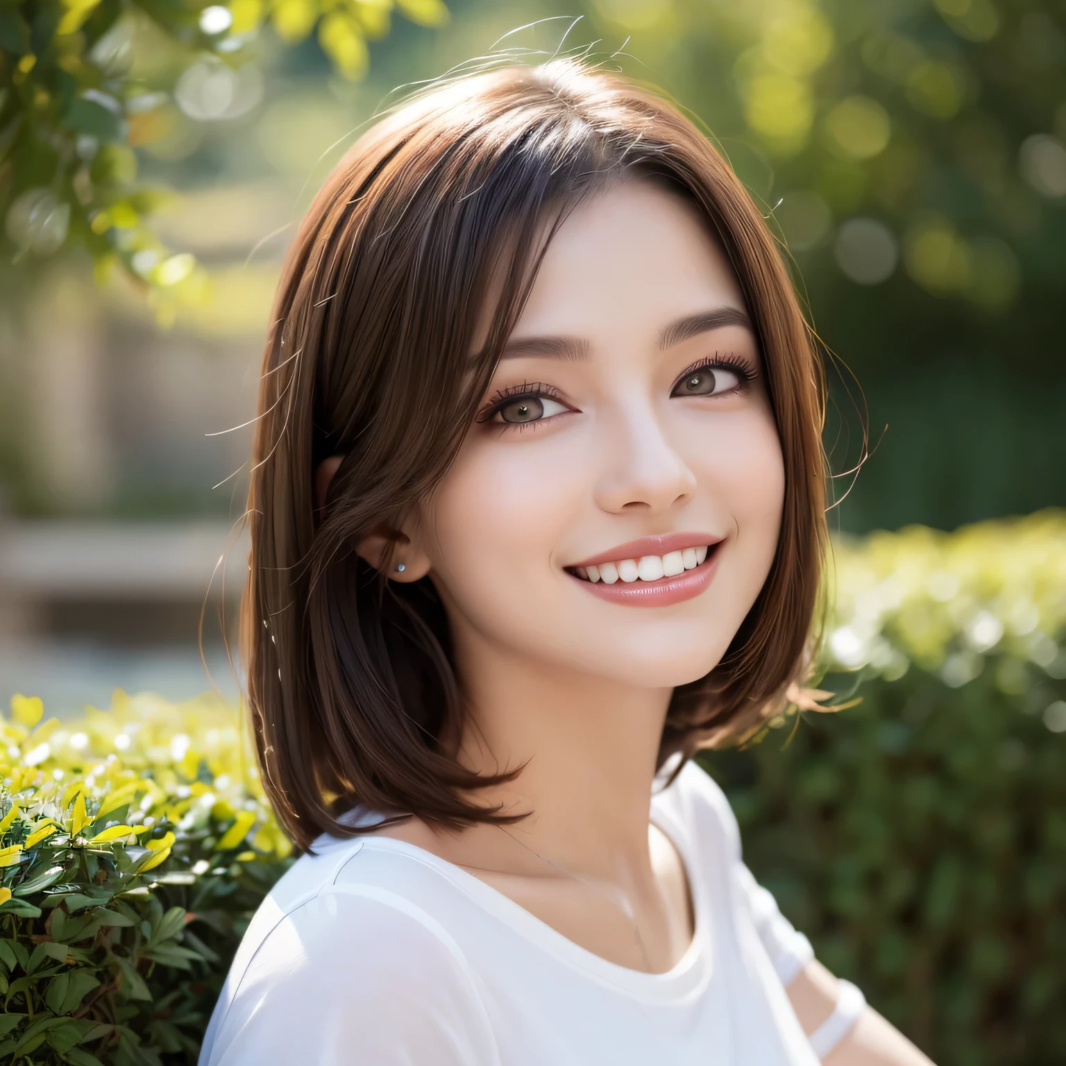 (8k, RAW Photos, highest quality, masterpiece, Realistic, Realistic), (1 female), (Ultimate beauty), Highly detailed face, (Perfect Teeth), Beautiful Eyes, double eyelid, eyelash, smile, Lip details, Brunette Bob, The light shines on your face, Big Breasts, ((T-Shirts)), (Upper Body), (background: garden), ((Written boundary depth))