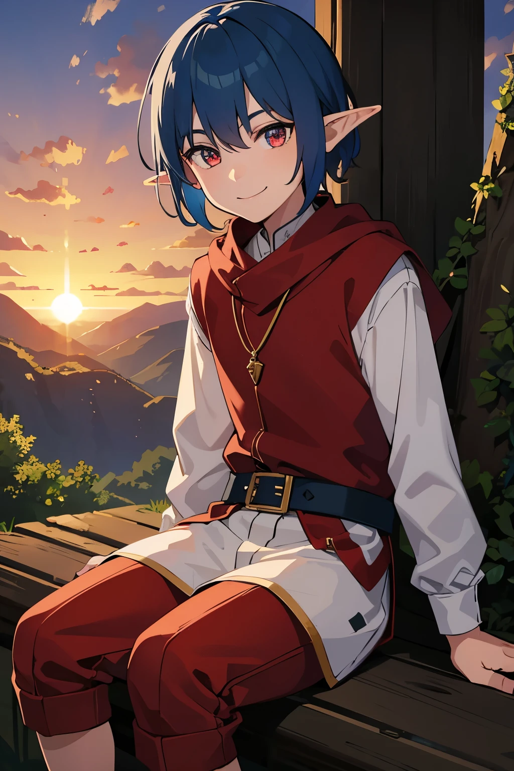 male, ??? elf, boy, young, 10 years old, blue hair, crimson eyes, red eyes, male, sitting, smiling, forest, sunset