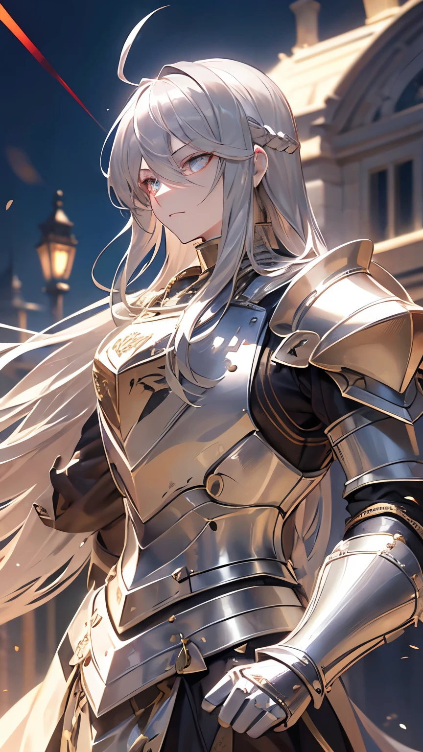 blond hair, hair behind ear, long hair, floating hair, bloodshot eyes, Baroque, cinematic lighting, bust chart, retina, (high quality), ccurate, ((best quality)), perfect detail, 16k, medieval knight, (silver gloves, silver armor:1.3), (great sword), dust flying,