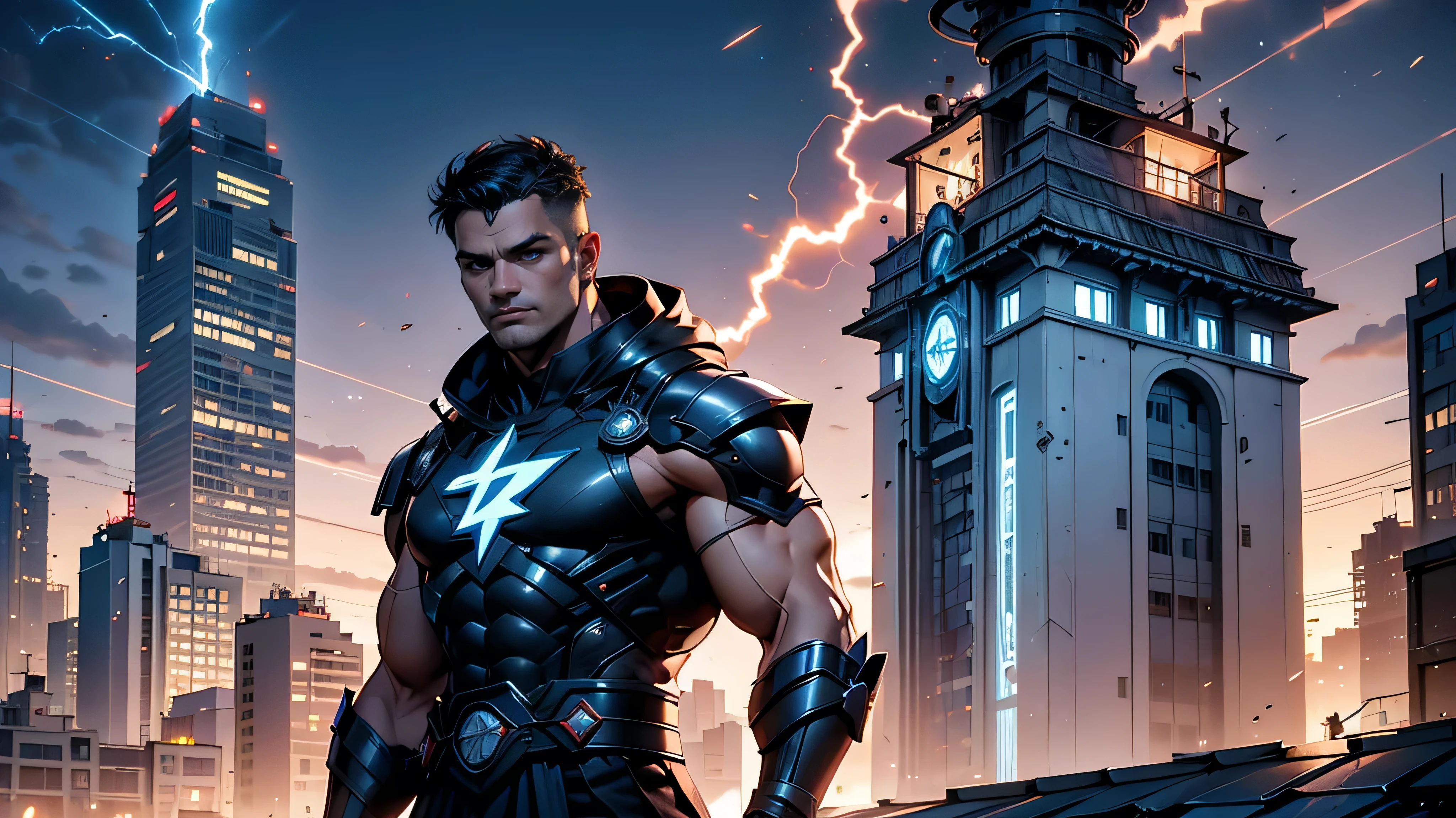 Homem, 40 anos, forte, hero with lightning power, on the roof of a tall building, observando a cidade noturna futurista, ambiente futurista, High definition, detalhes precisos, paleta de cor avermelhada.