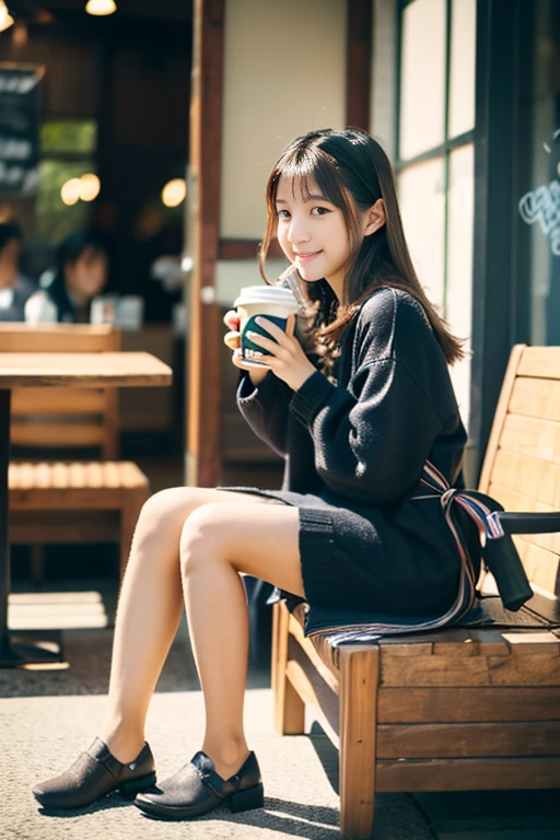 a japanese beautiful girl, 15 years old, , 8k, super detail, best quality, (photorealistic:1.4), Drinking coffee at a coffee shop, (full body:1.5), first-person view, torogao