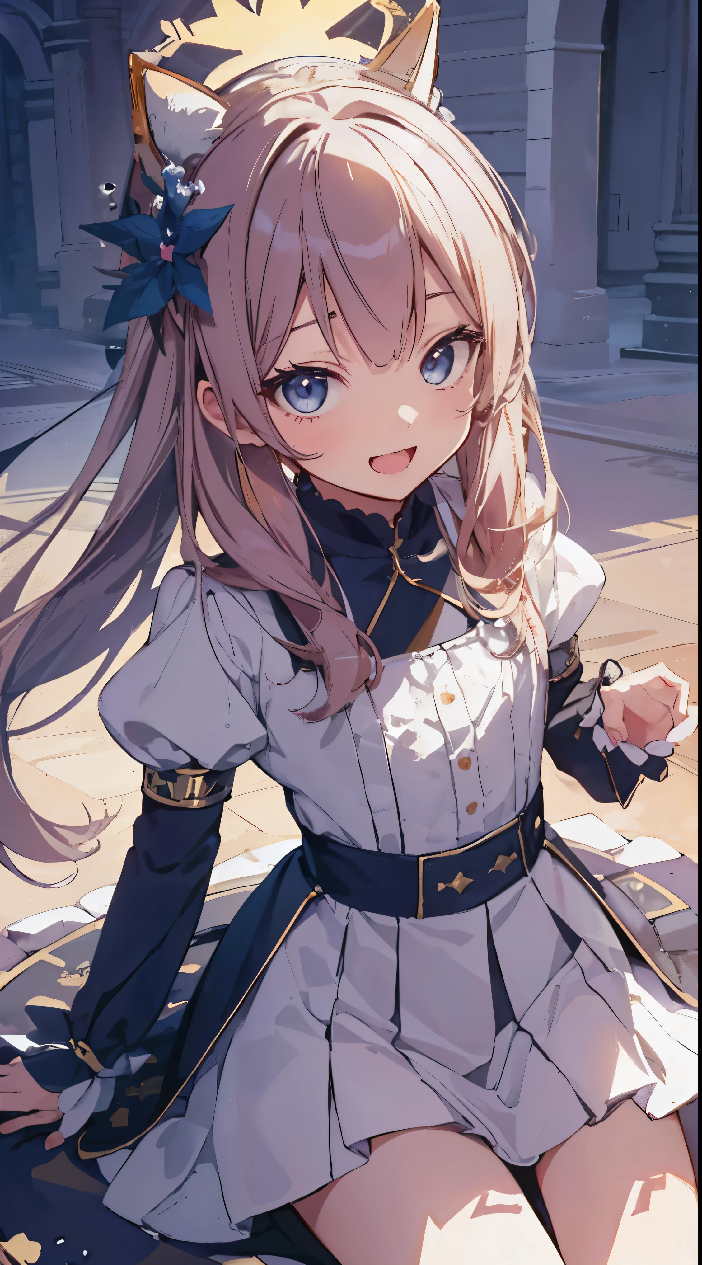 Masterpiece、Highest quality、highest quality、((((Petite))))、(Open Mouth Smile)、Shiny hair quality、Small face、Dynamic pose、Super detailed, beautiful, wide eyes、Ultra-detailed, clear and beautiful faces、(cute illustration:1.2), High-resolution, ultra-detailed, best quality, embarrassed、Thighs