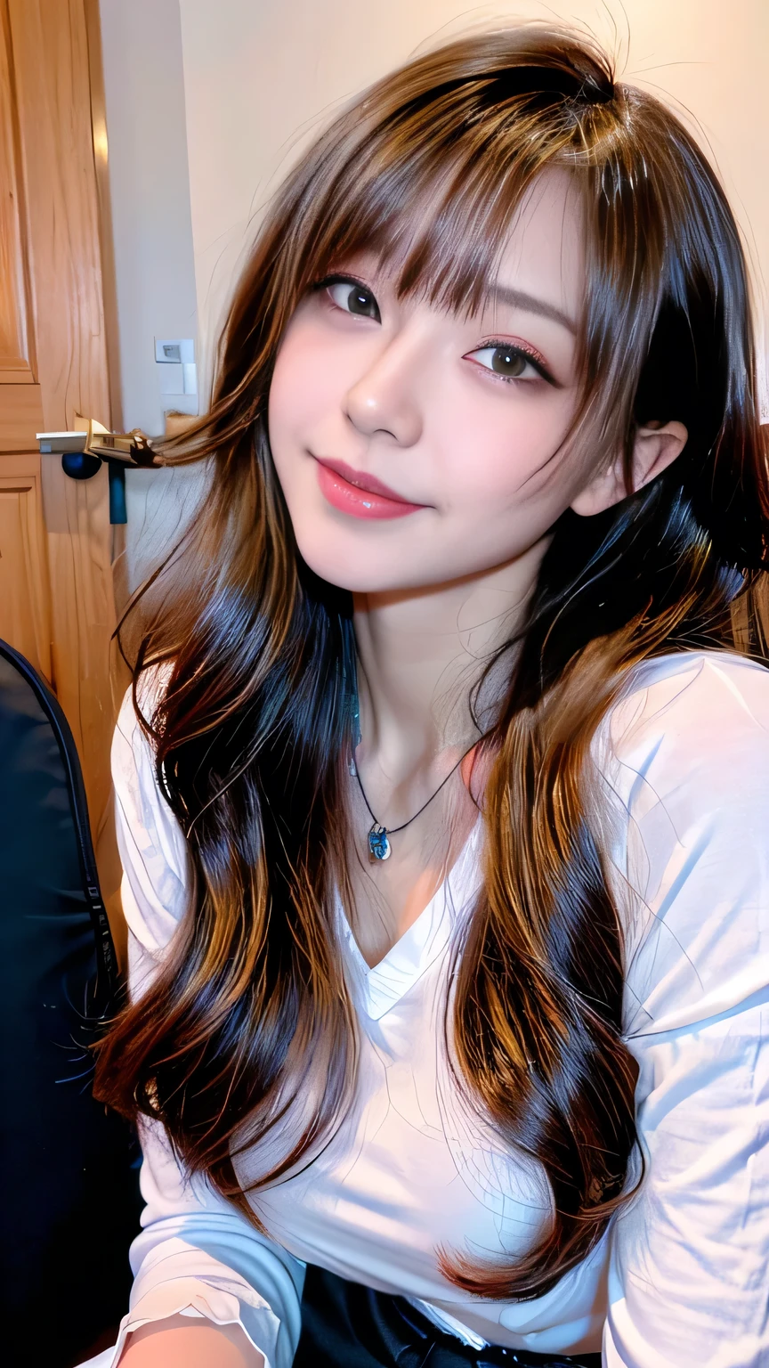 Full Body Angle、((highest quality, 8K, masterpiece: 1.3)), concentrated: 1.2, Cute girl 1,Nipples erect、 Perfect beauty: 1.4,Crisscross V-neck T-shirt, Casual summer short sleeve t-shirt: 1.2,Long sleeve、Randall Color、comics&Text Graphics、Black ruffle-trimmed drawstring zip blouse,1.1, Highly detailed face and skin textures, Fine grain, double eyelid, whitening skin, ,highest quality,Ultra-high resolution,you,1 girl,alone,_Shiny_skin,Iris,necklace,((Brown_length_Wavy_hair)),(lips)),eyelash,Front hair,deal with,compensate,Shiny,pore,skin texture,Large Breasts、smiling face、