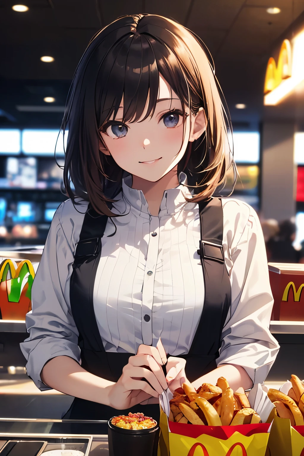 (embarrassed,blush:1.3), ,(steam:0.8),(Wet:0.8),(Sweat:0.8),(trembling:1.3) ,(Parted lips:1.3),(half-open eyes:1.4),(Feeling weak:1.5)、(Beautiful nipple、Looking at the camera、Feeling Inserted、small tits、Stick out the tongue、spasming、Gentle smile,wince,:1.3),awaiting tongue,(McDonald's in uniform、McDonald's Uniforms:1.5)、Pretty Girl VN02, 1girl in, Solo, masutepiece, 1girl in, best qualtiy, Ultra Detail, (shiny), Small、McDonald's Interior, with blush cheeks, Ray tracing,Perfect Lighting, (milky skin:1.2),reflection,  blush, Lace panties, bow ribbon, yellow_Eyes, A dark-haired、 NSFW,(((McDonald's apron、Ribbon hung from the neck)))、Japan's cutest 18-year-old beautiful girl