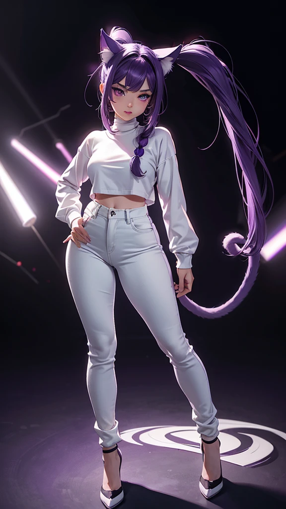 (high resolution, full body, soft skin:1.2),(best illustration,masterpiece:1.2),ultra-detailed,[(purple eyes, purple makeup cat ears , purple inside:1.2, twin tail),vivid colors,sharp focus,portrait,studio lighting,bokeh, wearing a white turtleneck shirt, black denim pants, spotlight background, hands on hips 