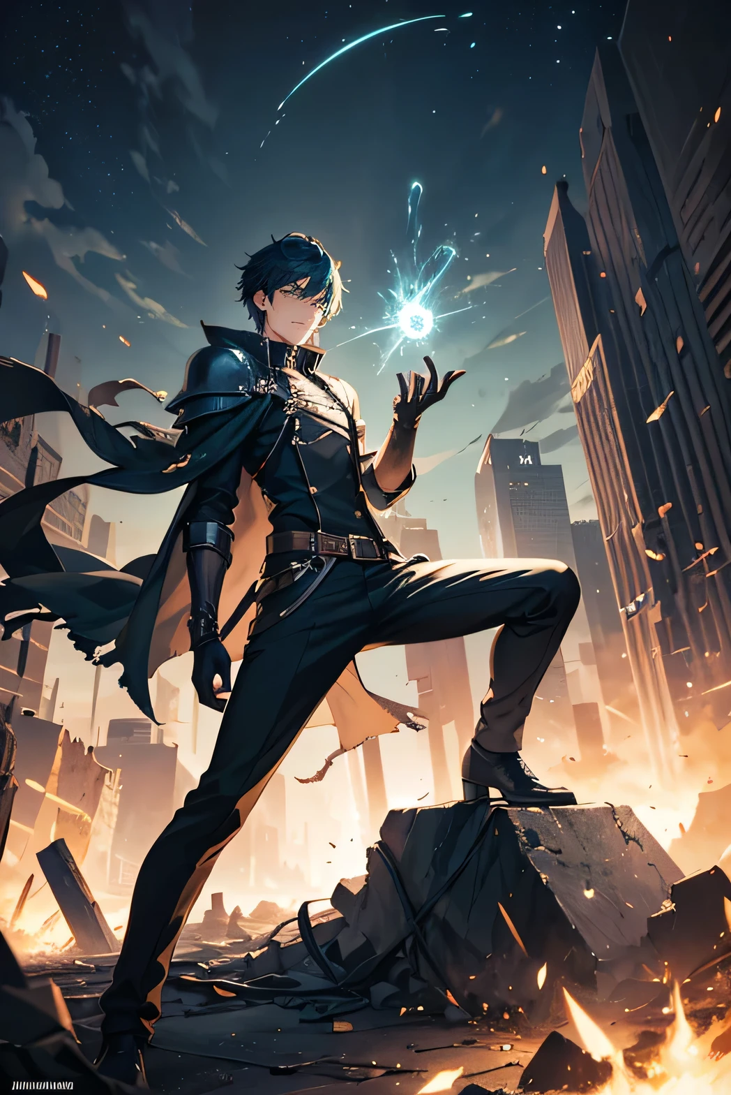 A young man necromancer in his twenties in a cool position holding a green spell in his left hand and a lot of sparks around him; A destroyed city is in the background; Night Sky; Focus on details; Masterpiece; Fullbody; a knight in black armor with cyan fire nearby