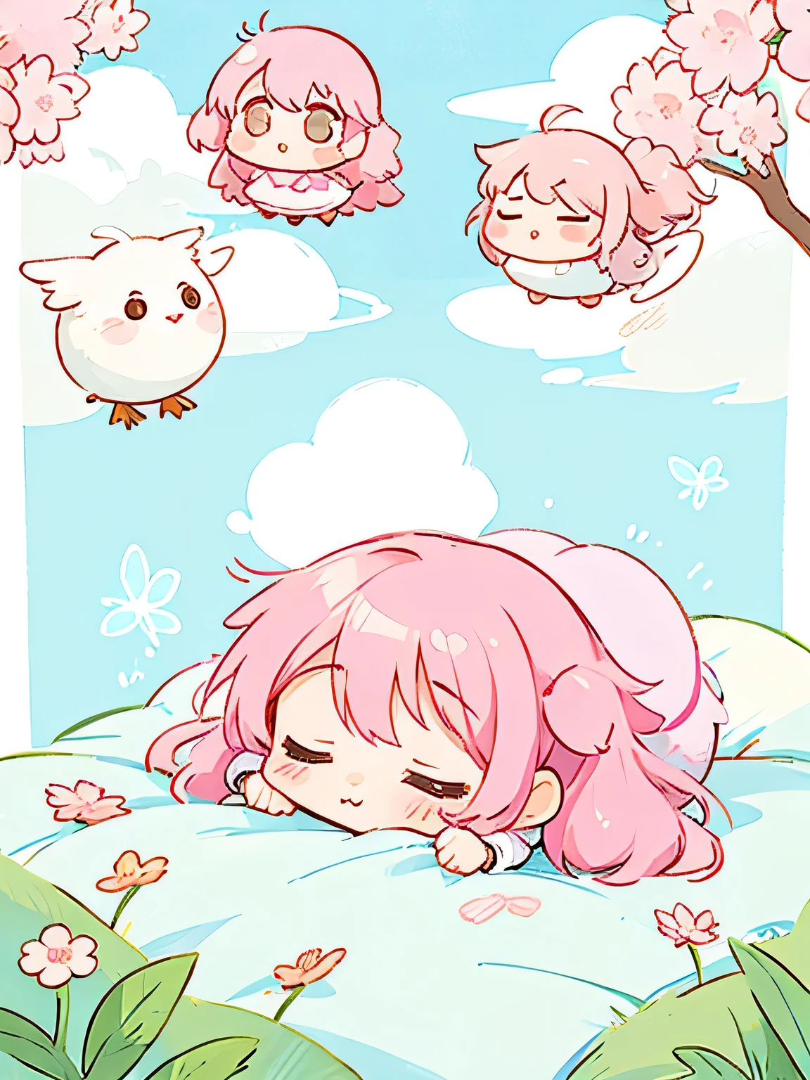Momoko Sakura Style, Kawaii Design, most beautiful girl ever、Chibi, birdie、nap、on the cloud