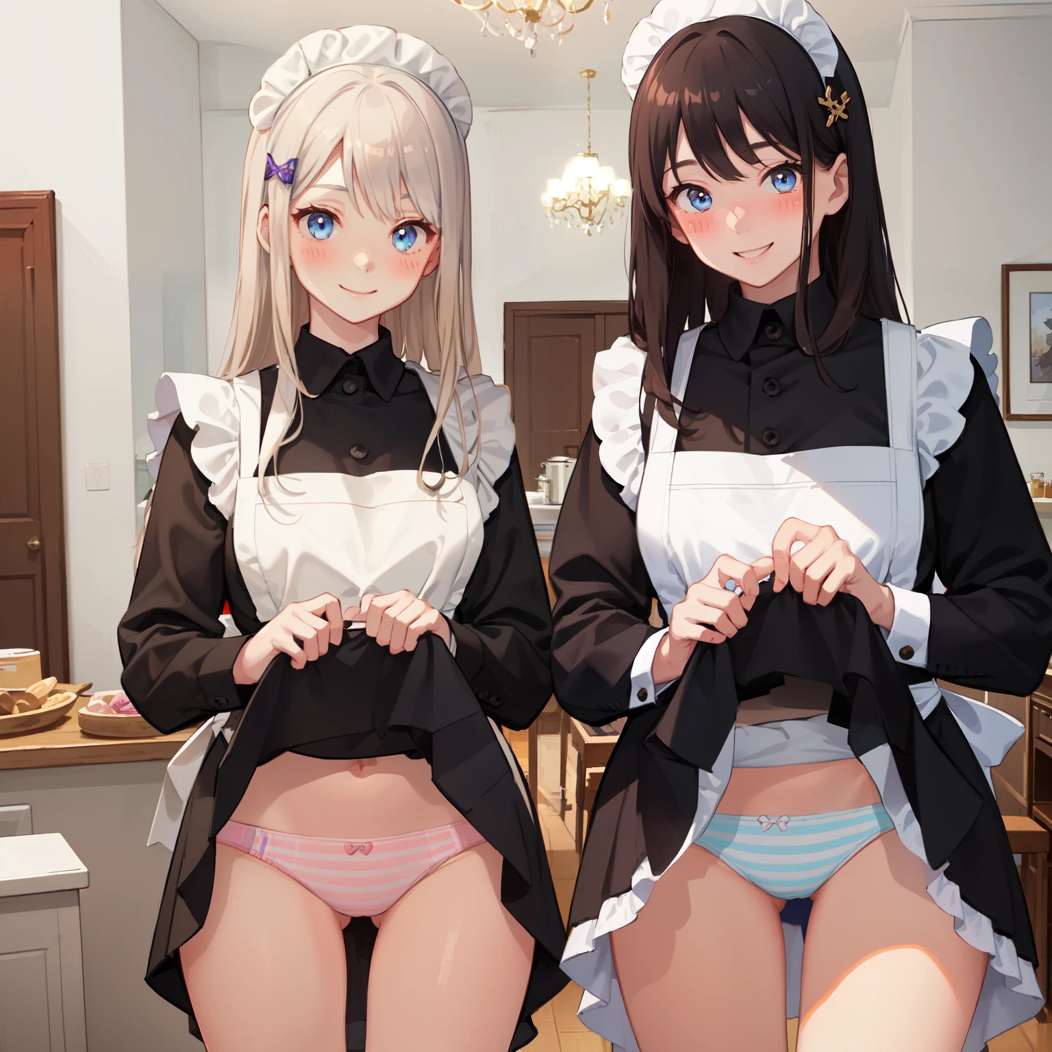 highest quality、masterpiece、((2 girls:1.5))、((smile:1.3))、(blush:1.3)、Black Shirt、blouse、((fun!!))、()、(Small breasts)、(Long Hair:1.3)、()、blonde、(Long sleeve)、((White apron:1.5))、((Maid))、((hair ornaments)),、Kamimei、look at me、 ((in house:1.5))、 A break to observe the crowd、Cowboy Shot、(Skirt flip:1.3),Very exquisite pink striped panties、(Highly detailed panties:1.3)、、(スカート that rolls up:1.3)、(Panties in full view:1.5)、()、Light blue eyes、Long Hair、Glowing Eyes