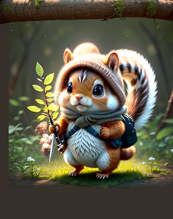 Best image quality、"Create adorable creature masterpieces with highly detailed concept art. Use your imagination", （squirrel）, Attention to detail, In 8K、Best image quality、squirrelはこれからの冒険にワクワクしています、I have a Japanese sword in my hand、Armed