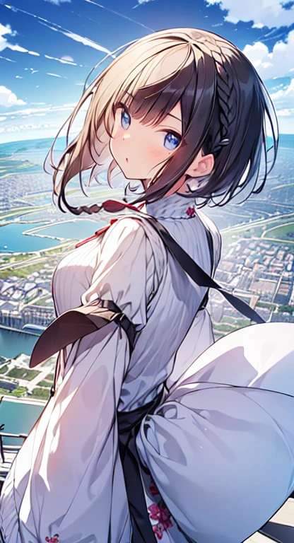 masutepiece, Best Quality,Illustration, Wallpaper, Ultra Detail, absurderes, 1、 Solo, (Medium short hair、short braided hair), Beautiful ultra-detailed eyes , Hair fluttering in the wind、:o、 Beautiful sky、(a panoramic view:1.5)