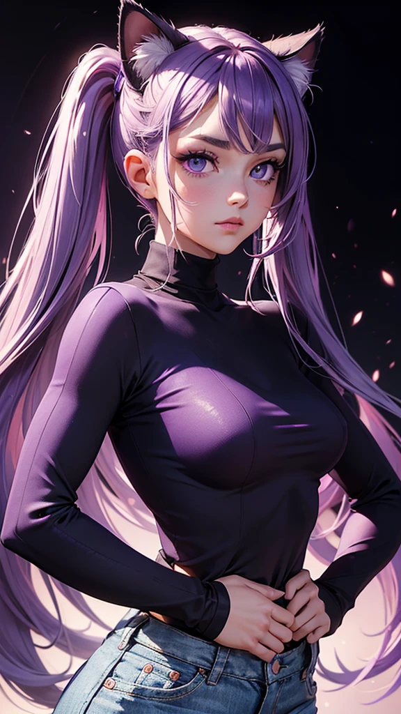 (high resolution, upper body, soft skin:1.2),(best illustration,masterpiece:1.2),ultra-detailed,[(purple eyes, purple makeup cat ears , purple inside:1.2, twin tail),vivid colors,sharp focus,portrait,studio lighting,bokeh, wearing a white turtleneck shirt, black denim pants, spotlight background, hands on hips 