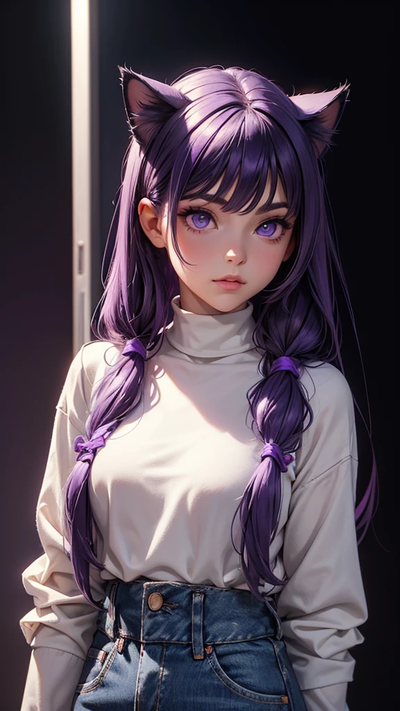 (high resolution, upper body, soft skin:1.2),(best illustration,masterpiece:1.2),ultra-detailed,[(purple eyes, purple makeup cat ears , purple inside:1.2, twin tail),vivid colors,sharp focus,portrait,studio lighting,bokeh, wearing a white turtleneck shirt, black denim pants, spotlight background, hands on hips