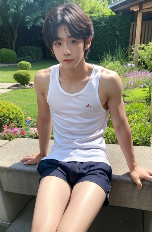 One beautiful boy、A cute boy、18-year-old、Japan boys、Tank top、garden、erection、Big eyes、Shorts