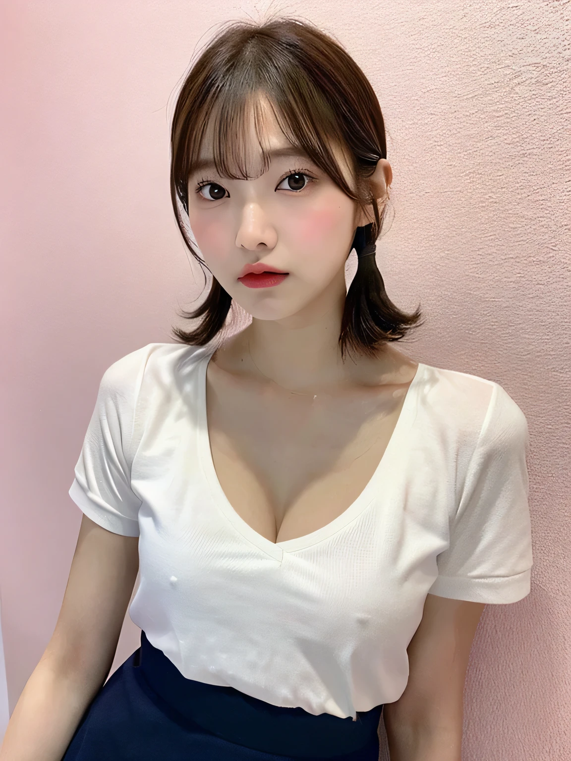 one person、whole body photos、White polo shirt、Cleavage、Navy blue mini skirt、fun、、whole body、slender、woman、White drool coming out of the mouth、Short hair, fair skin,Twin tails、Super cute、Soft and Face、Brown Hair、8k resolution、Surreal、Ultra high definition、 Soft Body、A-cup small breasts（（Highest resolution、8k、masterpiece：1.3））、Ultra-fine face、Ultra Fine Lips、Beautiful Eyes、double eyelid,Slender figure、I can see your thighs、Shapely small breasts、Pink wall