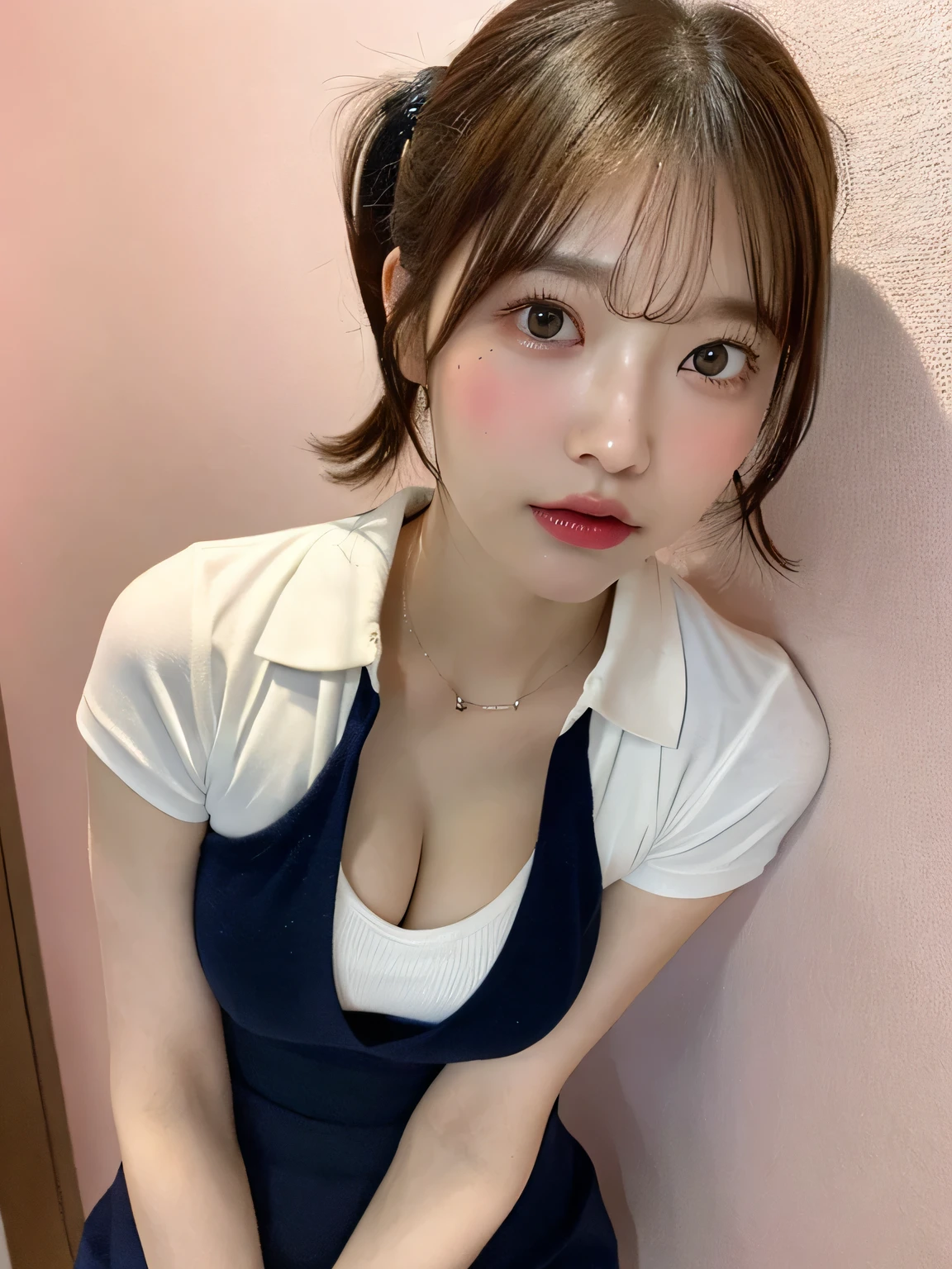 one person、whole body photos、White polo shirt、Cleavage、Navy blue mini skirt、fun、、whole body、slender、woman、White drool coming out of the mouth、Short hair, fair skin,Twin tails、Super cute、Soft and Face、Brown Hair、8k resolution、Surreal、Ultra high definition、 Soft Body、A-cup small breasts((Highest resolution、8k、masterpiece:1.3))、Ultra-fine face、Ultra Fine Lips、Beautiful Eyes、double eyelid,Slender figure、I can see your thighs、Shapely small breasts、Pink wall