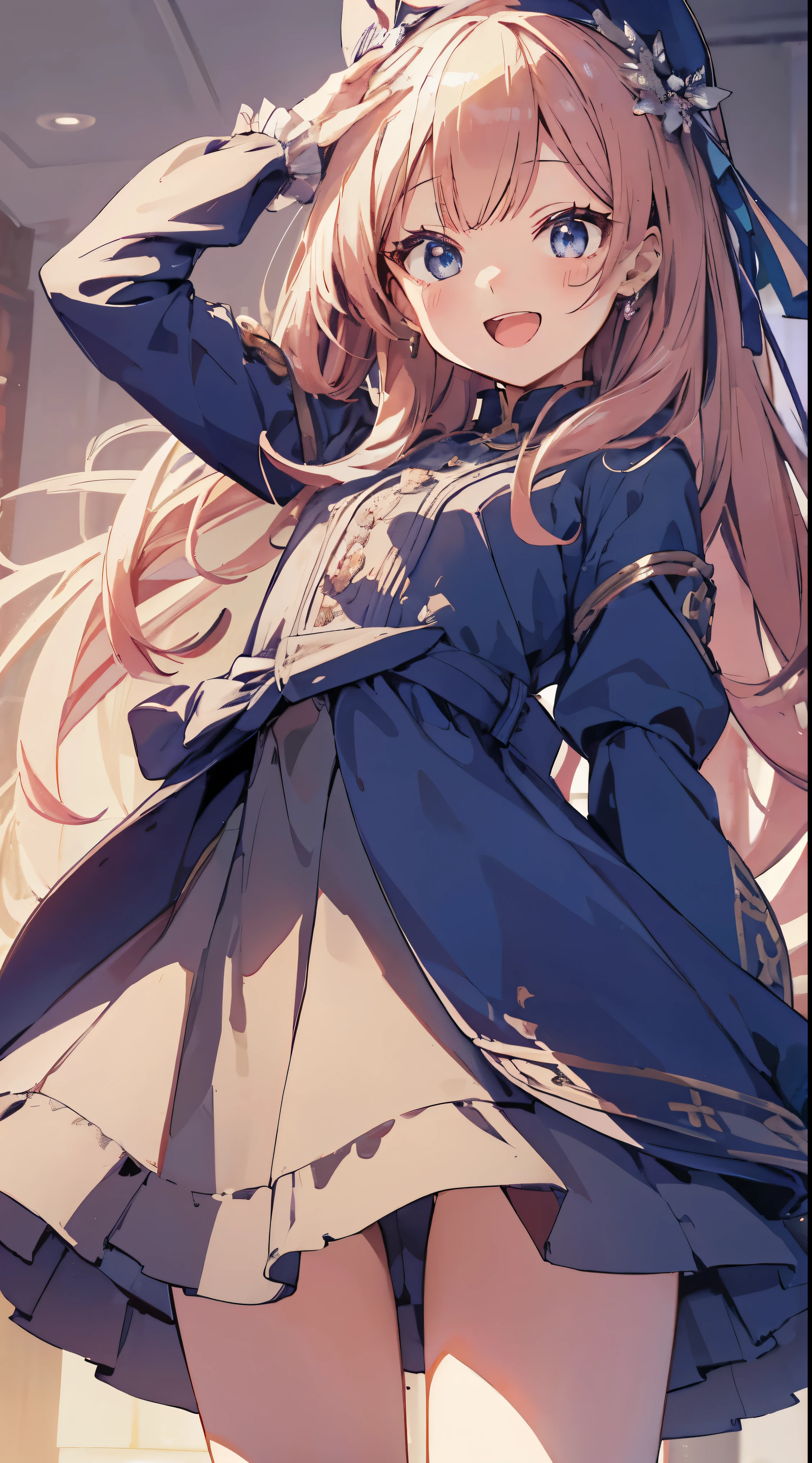 Masterpiece、Highest quality、highest quality、((((Petite))))、(Open Mouth Smile)、Shiny hair quality、Small face、Dynamic pose、Super detailed, beautiful, wide eyes、Ultra-detailed, clear and beautiful faces、(cute illustration:1.2), High-resolution, ultra-detailed, best quality, embarrassed、Thighs
