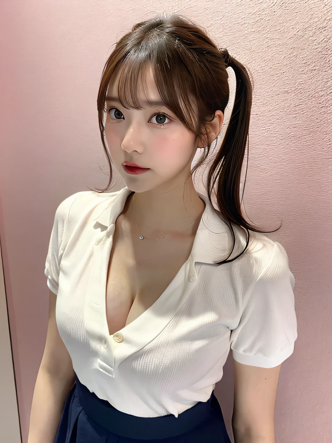 one person、whole body photos、White polo shirt、Cleavage、Navy blue mini skirt、fun、、whole body、slender、woman、White drool coming out of the mouth、Short hair, fair skin,Twin tails、Super cute、Soft and Face、Brown Hair、8k resolution、Surreal、Ultra high definition、 Soft Body、A-cup small breasts((Highest resolution、8k、masterpiece:1.3))、Ultra-fine face、Ultra Fine Lips、Beautiful Eyes、double eyelid,Slender figure、I can see your thighs、Shapely small breasts、Pink wall