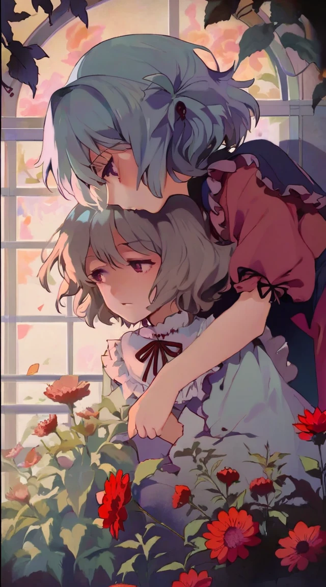 best quality, aesthetic, detailed, solo, 2girls, young girl, anime screencap, 1980s \(style\), flandre and remilia from touhou looking at some pretty flowers