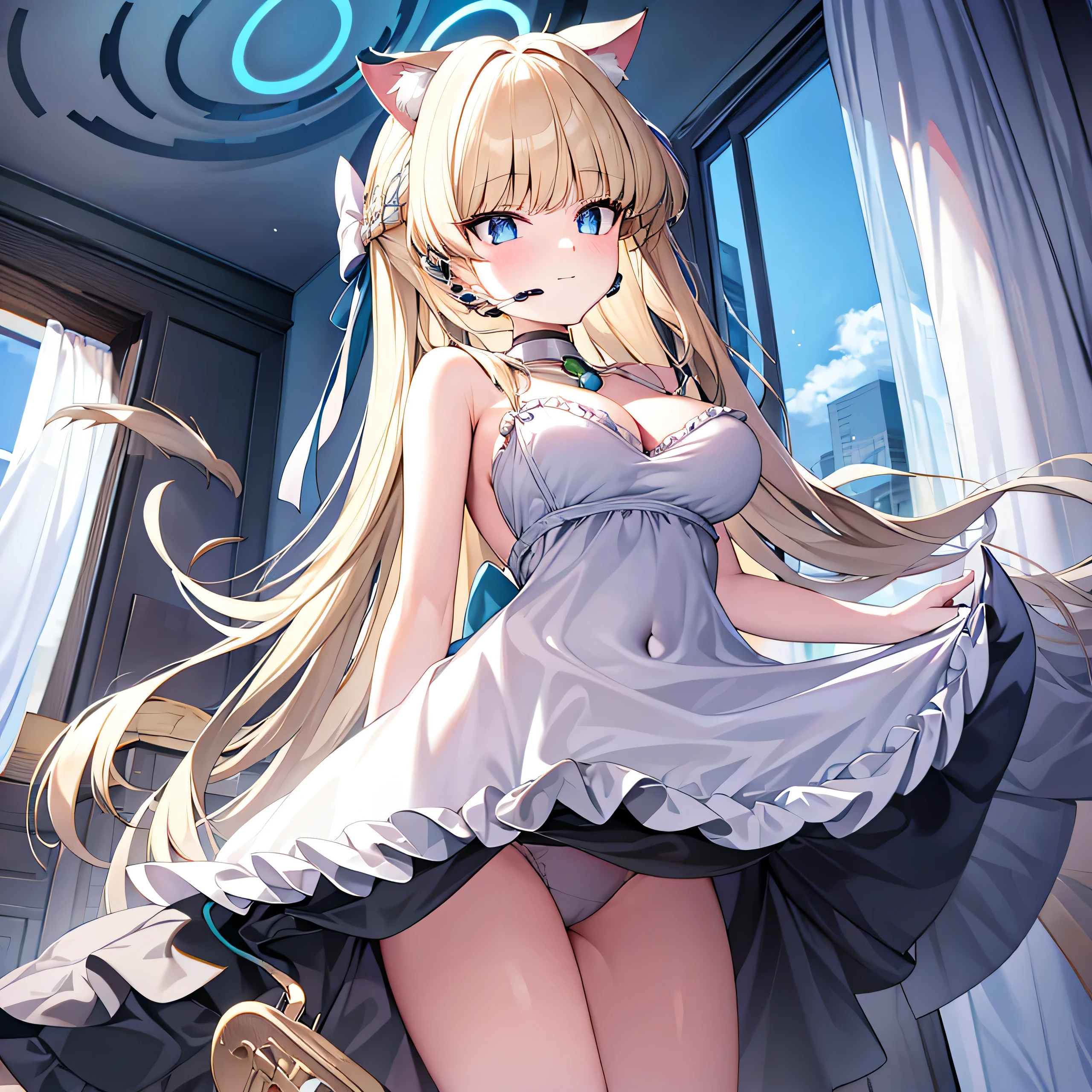 detailed, dense, masterpiece, 1girl, animal_ears, solo, underwear, breasts, yellow_hair, panties, cat_ears, bell, blue_eyes, twintails, curtain_grab, babydoll, tail, looking_at_viewer, long_hair, navel, curtains, cat_tail, smile, cat_girl, cleavage, bare_shoulders, jingle_bell, collarbone, animal_ear_fluff, choker, bare_arms, closed_mouth, green_panties, strap_slip, neck_bell, frills, lingerie, underwear_only, medium_breasts, spaghetti_strap, standing, cowboy_shot, large_breasts, window, thighs, frilled_choker, bangs, frilled_panties, dutch_angle, blush, indoors, cameltoe, stomach,