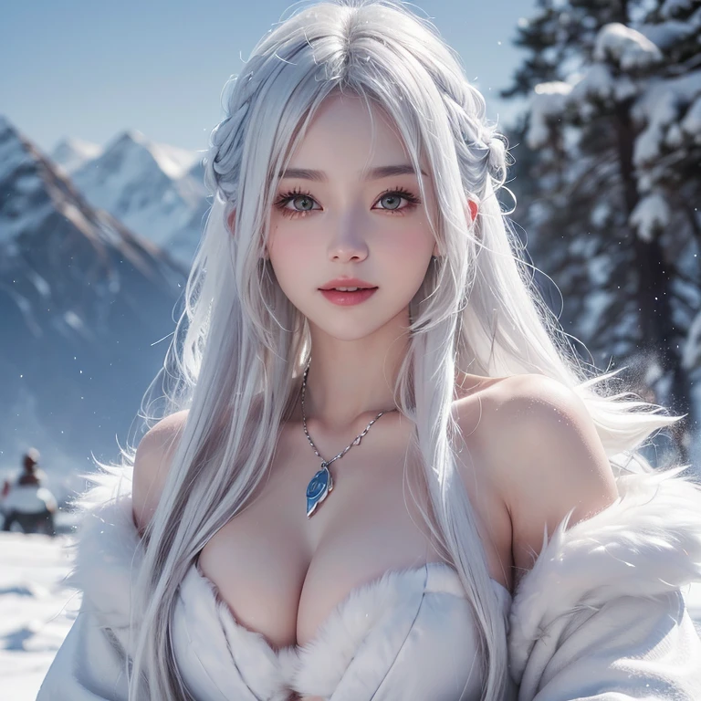 Snowy mountains、White Wolf、 ((highest quality、masterpiece、8k、Best image quality、Ultra-high resolution、Award-winning works)、(Accurate anatomy:1.1)、(Look at me and smile:1.1)、Shining fair skin with Ultra-high resolution、The most detailed face、Ultra-high resolution detailed face、Short, flowing white hair 、Beautiful face drawn in every detail、(Blurred Background:1.1)、 Inuit fur clothing, Chest to chest, A real wolf next to a girl 