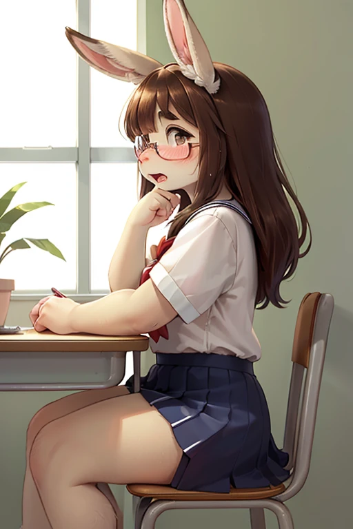 left side view , focus face , hairy bunny Short stature girl , (realistic hairy bunny fur:1.2) , round Mumps face , (tilt face:1.2) , half-open eyes , Unsophisticated geek , round eyes , Swollen cheeks , shy , glossy lips , eyewear , in the school , Class is in progress , school sailor , skirt , sit on chair , Look down , (Put Palm over mouth)