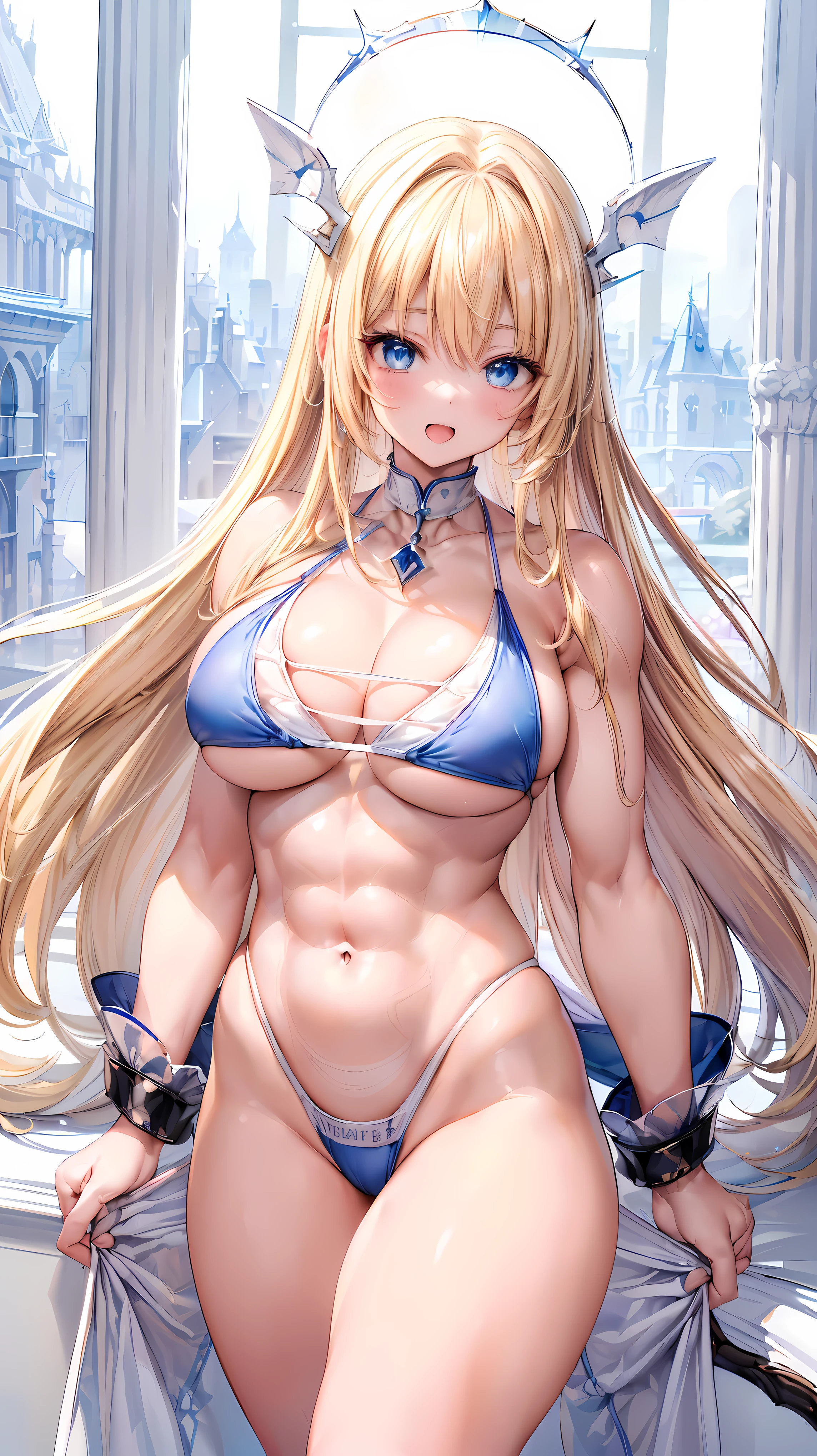 Very detailed、highest quality、Best image quality、masterpiece、8k、Anime Face、A kind smile、(Open your mouth:1.3)、Sparkling blue eyes、(Blonde semi-long hair:1.5)、(Muscles of the whole body:1.3)、(High leg:2.0)、Thigh belt、(White high cut bikini:1.5)、(Upper body photo:1.5)、(SFW Giant)、(Thick body:1.2)