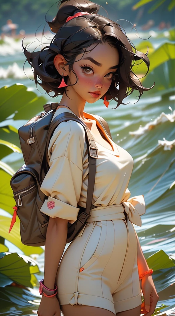 a close up of a person with a cell phone, no makeup wavy hair, with a backpack, low cut top, vacation, short straight hair, sexy body and face, manila, uncropped, '20, alex boyd, clear clean face, face-on, explorer, japanese, front side full, r6