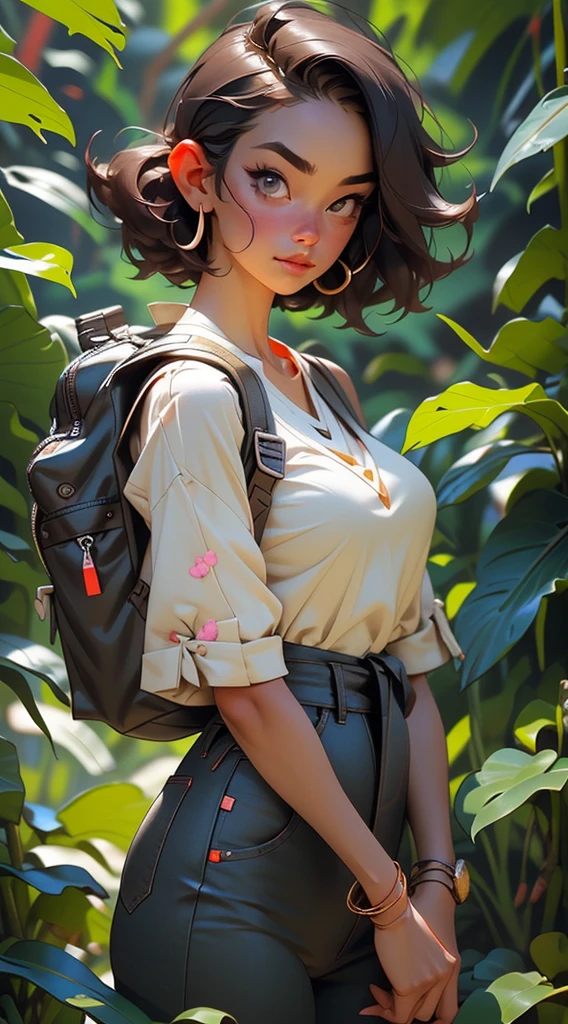 a close up of a person with a cell phone, no makeup wavy hair, with a backpack, low cut top, vacation, short straight hair, sexy body and face, manila, uncropped, '20, alex boyd, clear clean face, face-on, explorer, japanese, front side full, r6