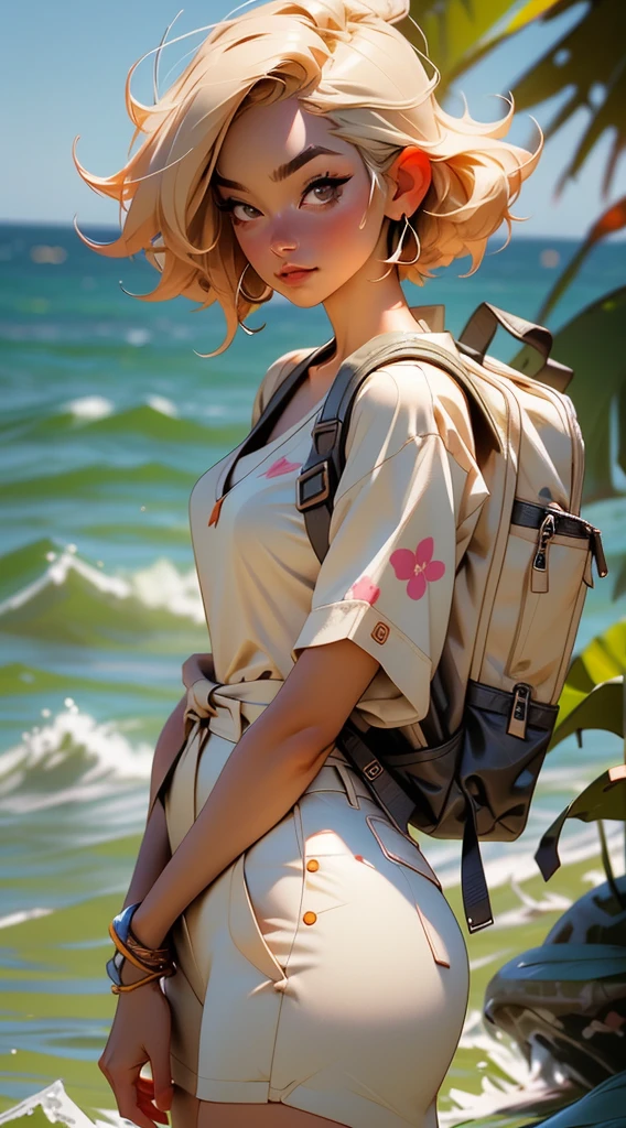 a close up of a person with a cell phone, no makeup wavy hair, with a backpack, low cut top, vacation, short straight hair, sexy body and face, manila, uncropped, '20, alex boyd, clear clean face, face-on, explorer, japanese, front side full, r6